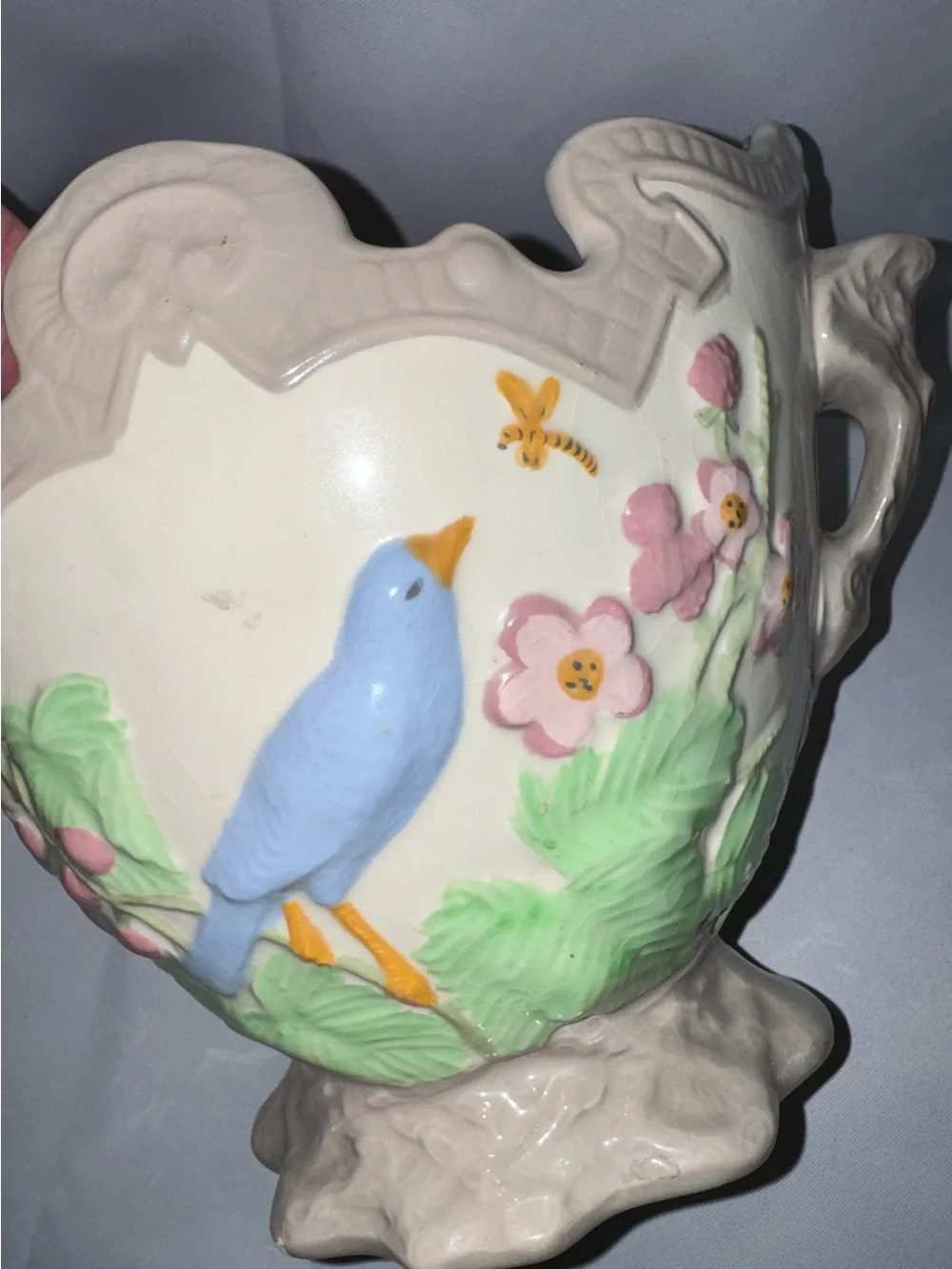 Vintage Large Hand-Painted Bird Planter Crackle Vase Blue Bird & Flowers